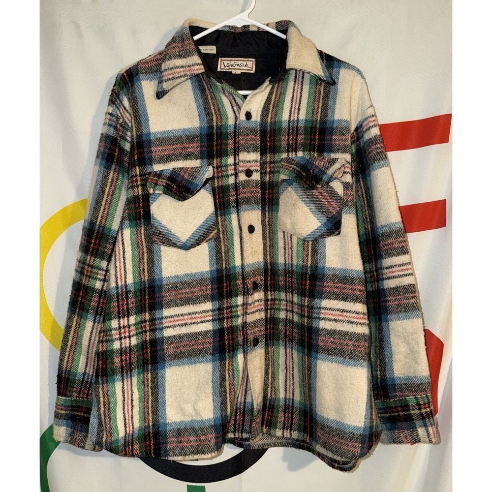 Vintage Landmark Wool Linen Blend Flannel Shirt Large Plaid 70s 80s CPO Anchor